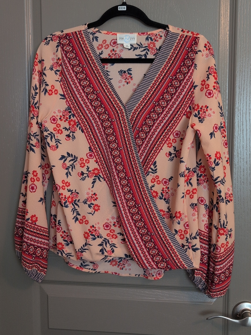 Jun & Ivy Blush Floral Wrap-Style Long Sleeve Blouse